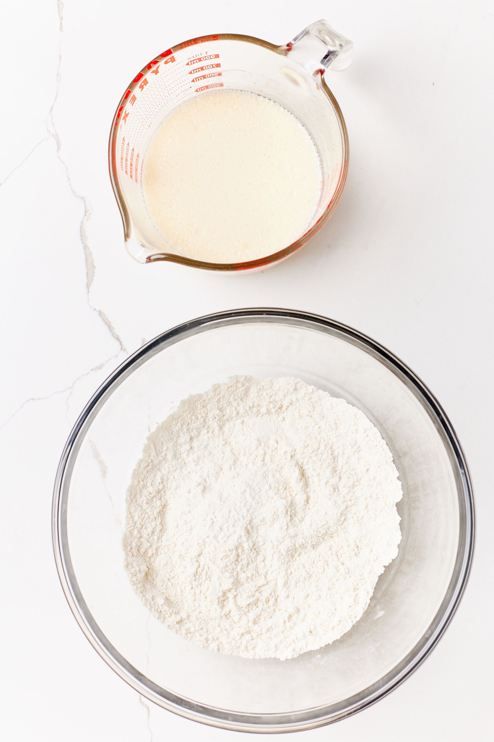 Cinnamon Roll Pancakes3 Make the batter: mix dry ingredients and wet ingredients separately.