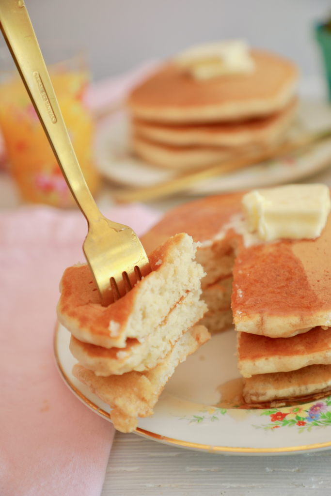 A forkful of buttermilk pancakes.