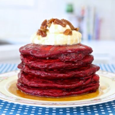 Red Velvet Pancakes w/ Cream Cheese Frosting and Maple Pecan Sauce