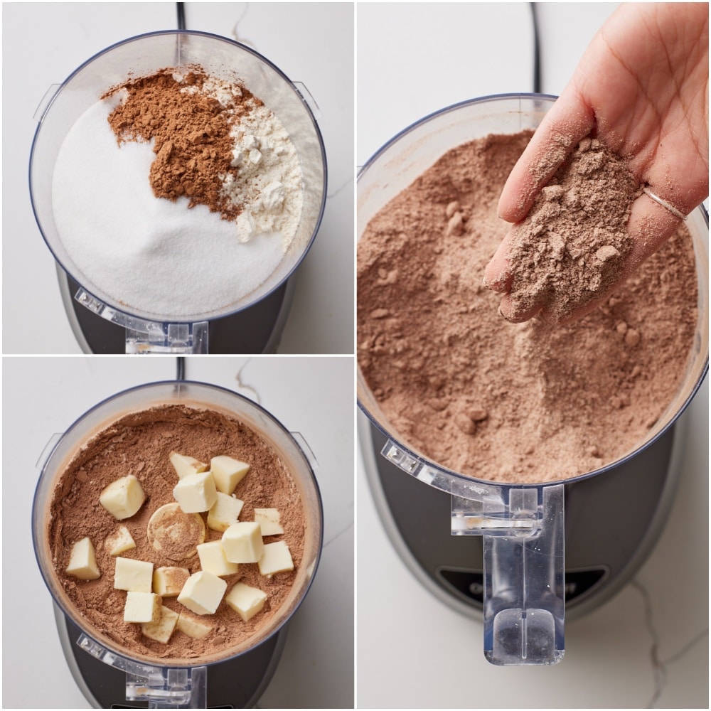 Mix dry ingredients of Homemade Oreo Cookie Recipe in a food processor and add butter until it resembles breadcrumb. 