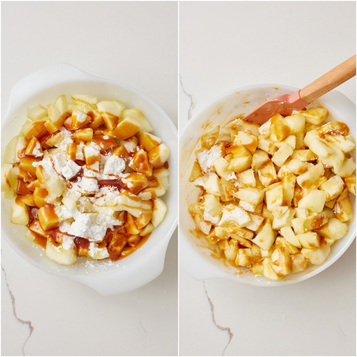 Step-by-step instructions on how to make Apple Crisp: Toss apple cubes with filling ingredients until apple are well coated. 