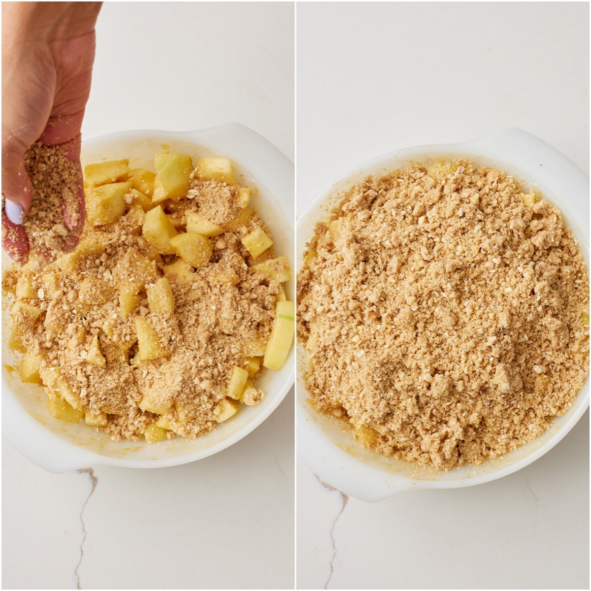 Spread the apple mixture into an 8-inch (20 cm) baking dish. Generously sprinkle the crisp topping over the apples, piling slightly high as the apples will cook down.