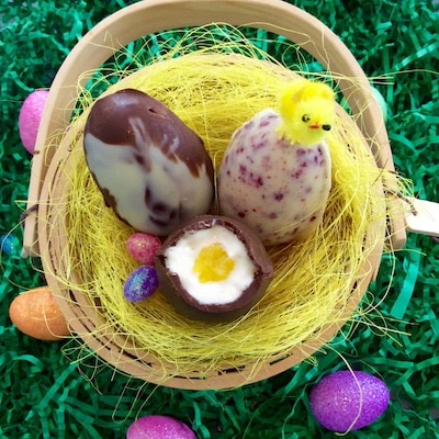 Chocolate Easter Eggs are placed in a small basket.
