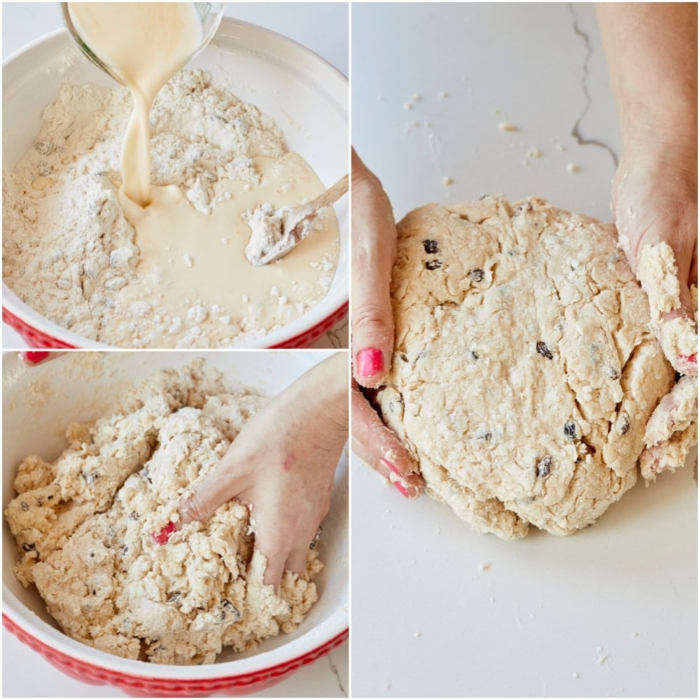 Add the wet ingredients into the dry mixture and mix gently by hand until a dough forms. The sides of the bowl should be clean.