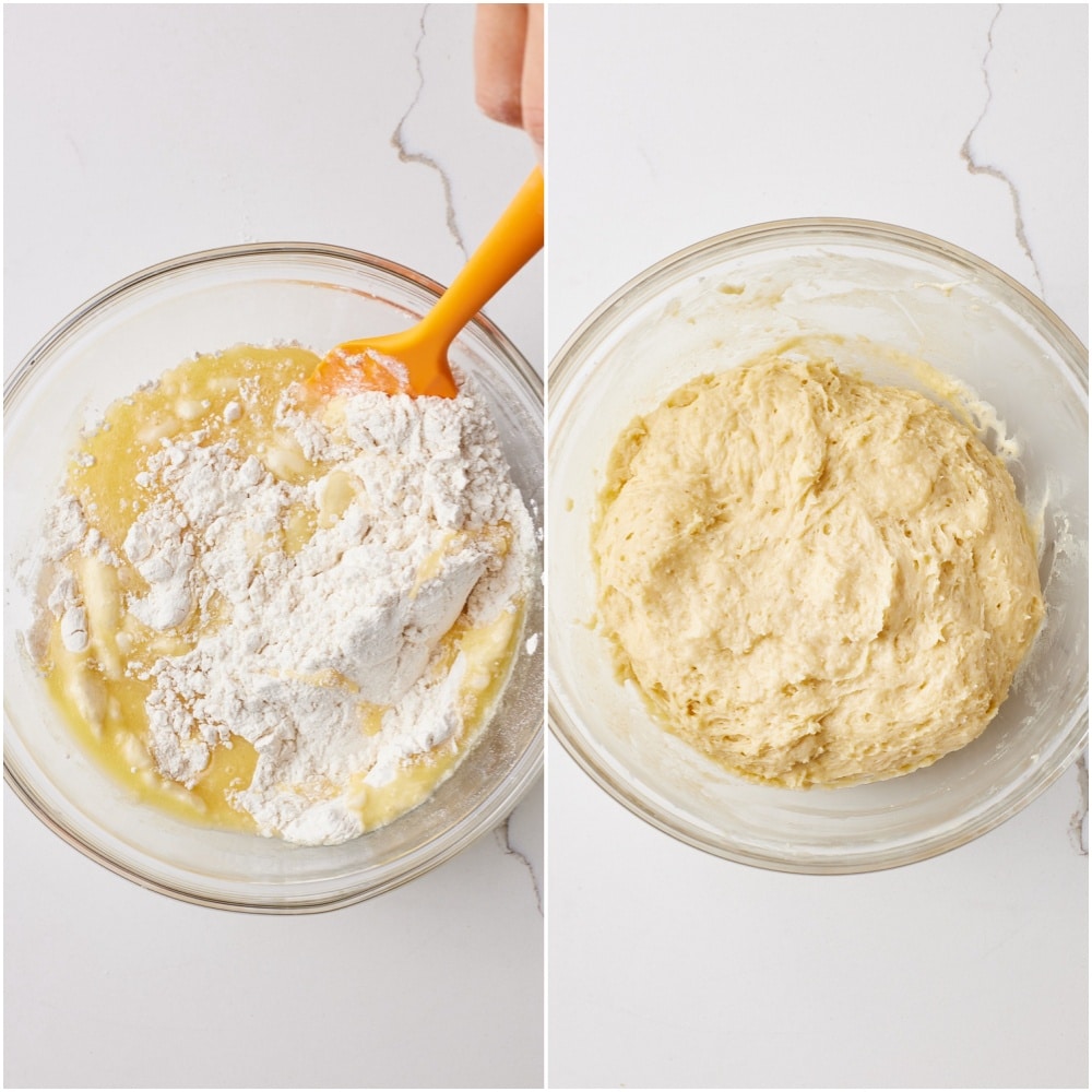 Combine wet and dry ingredients and mix until it forms a soft dough.