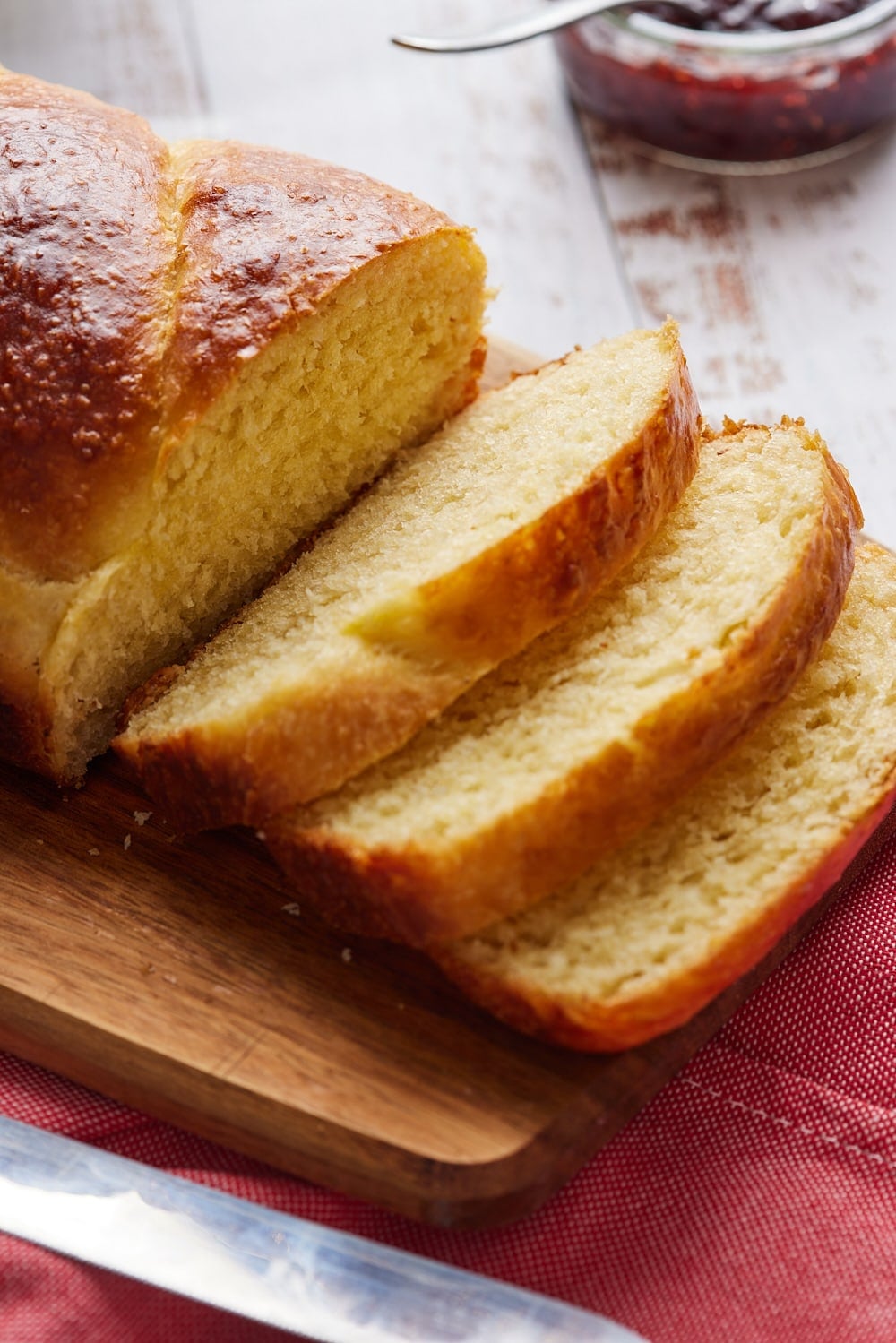 Close-up shot at brioche brea shows its fluffy soft crumb. 