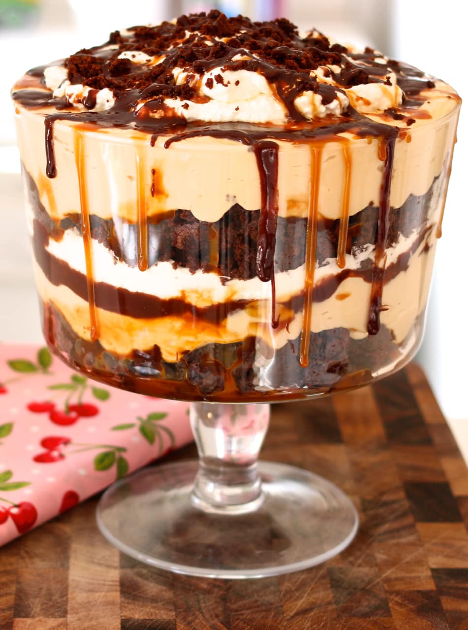 My Salted Caramel & Chocolate Brownie Trifle in a trifle dish.