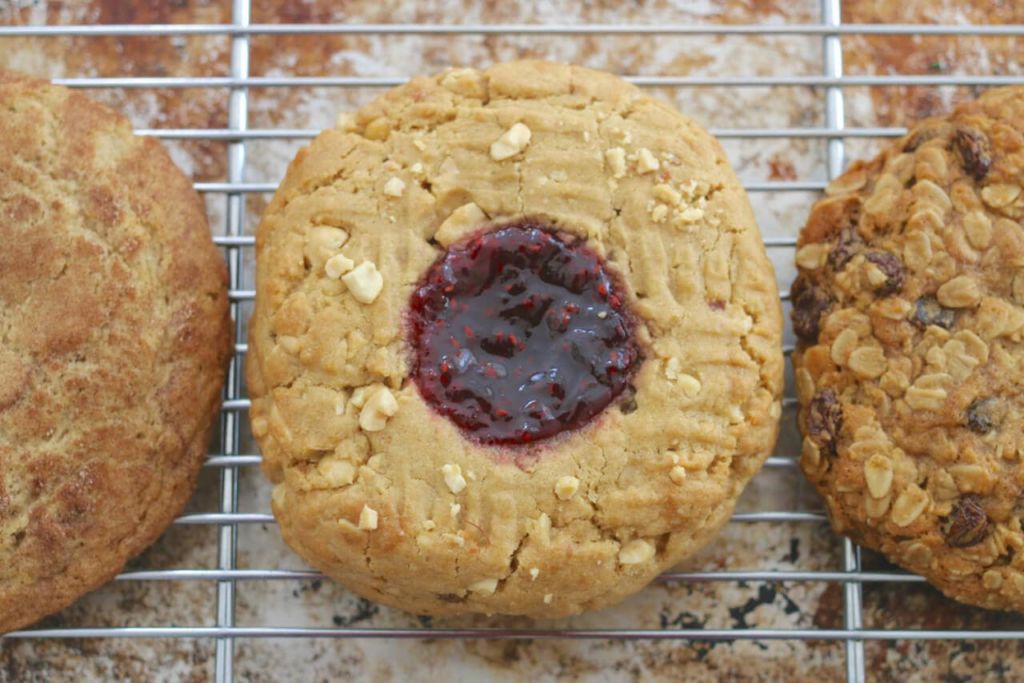 Giant, Homemade, single-serving, Cookies, Peanut butter and jelly, oatmeal raisin, snickerdoodle, Gemma Stafford, Bigger Bolder Baking, Baking, Baking videos, recipes, How to make a giant cookie