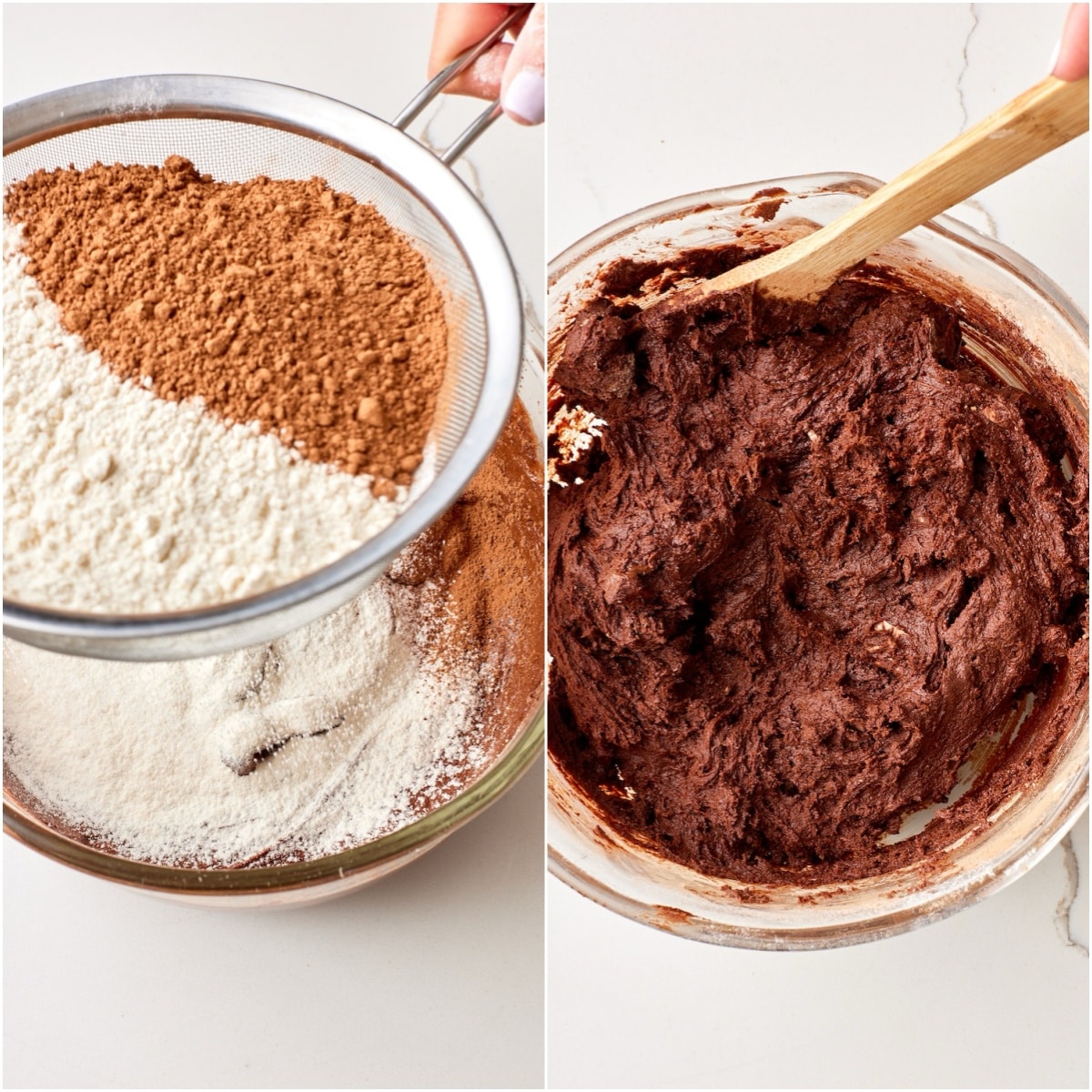 Hot Chocolate Cookies step5 Sift dry ingredients into the chocolate and butter sugar mixture. mix until a soft dough forms.