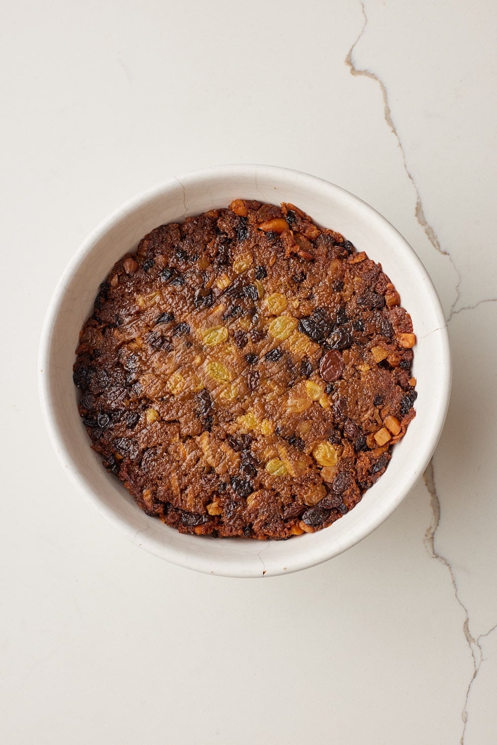 Christmas Pudding9 Top-down view of Easy Last Minute Christmas Pudding with an evenly-browned top.