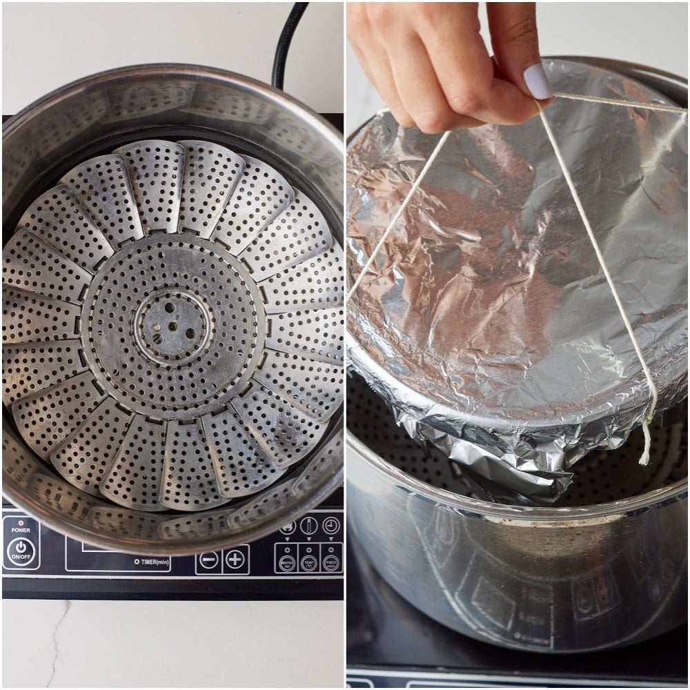 Easy Last Minute Christms Pudding step5 Place a tall pot on the stovetop and place a steaming tray on the inside. Fill the pot with boiling water until it reaches the steaming tray, and place the basin inside.
