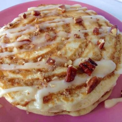 Cinnamon Roll Pancakes w/ Cream Cheese Glaze and Toasted Pecans