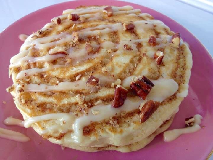 Pancake Tuesday, Cinnamon Roll Pancakes with Cream Cheese Glaze and Toasted Pecans Two breakfast favorites rolled into one.