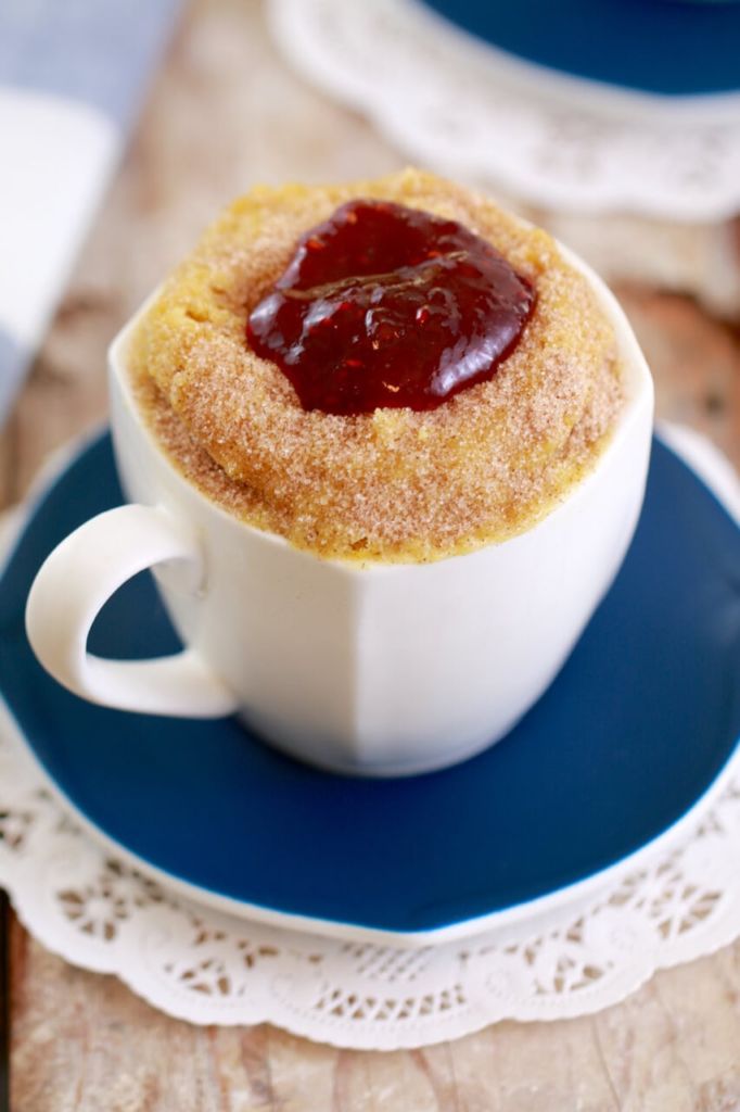 A mugnut is a donut, or doughnut, made in entirely in a mug, topped with cinnamon sugar and jelly. One of the Top Mug Recipes.