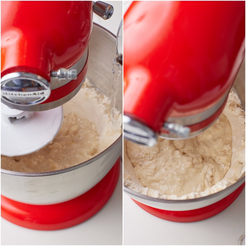 Add liquids: With the mixer running at medium speed, add the warm water and vegetable oil.