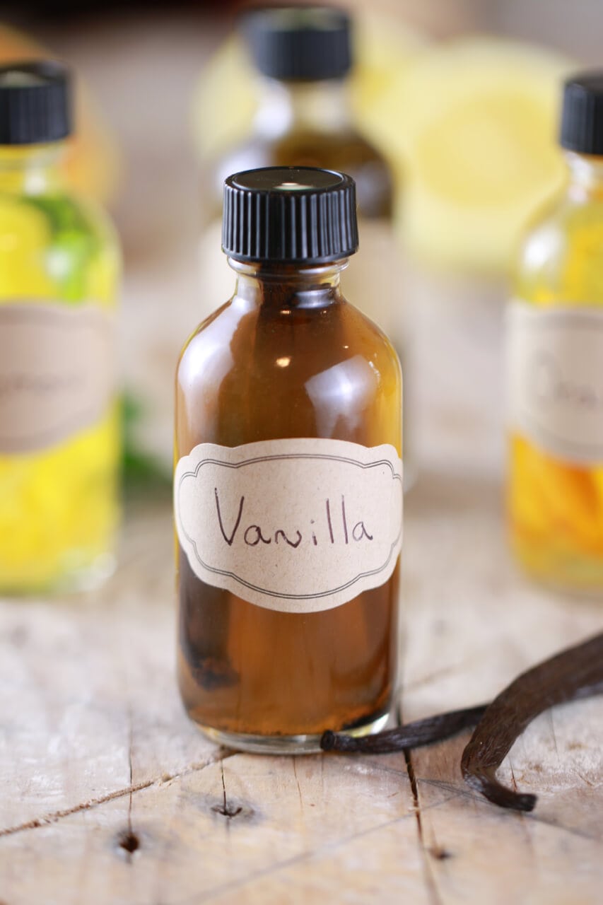 A bottle of homemade vanilla extract.