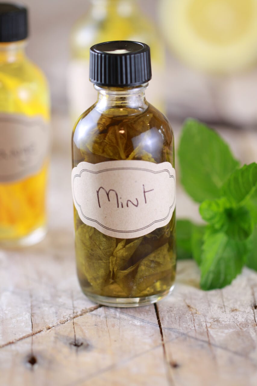 A bottle of mint extract, made with a homemade recipe.