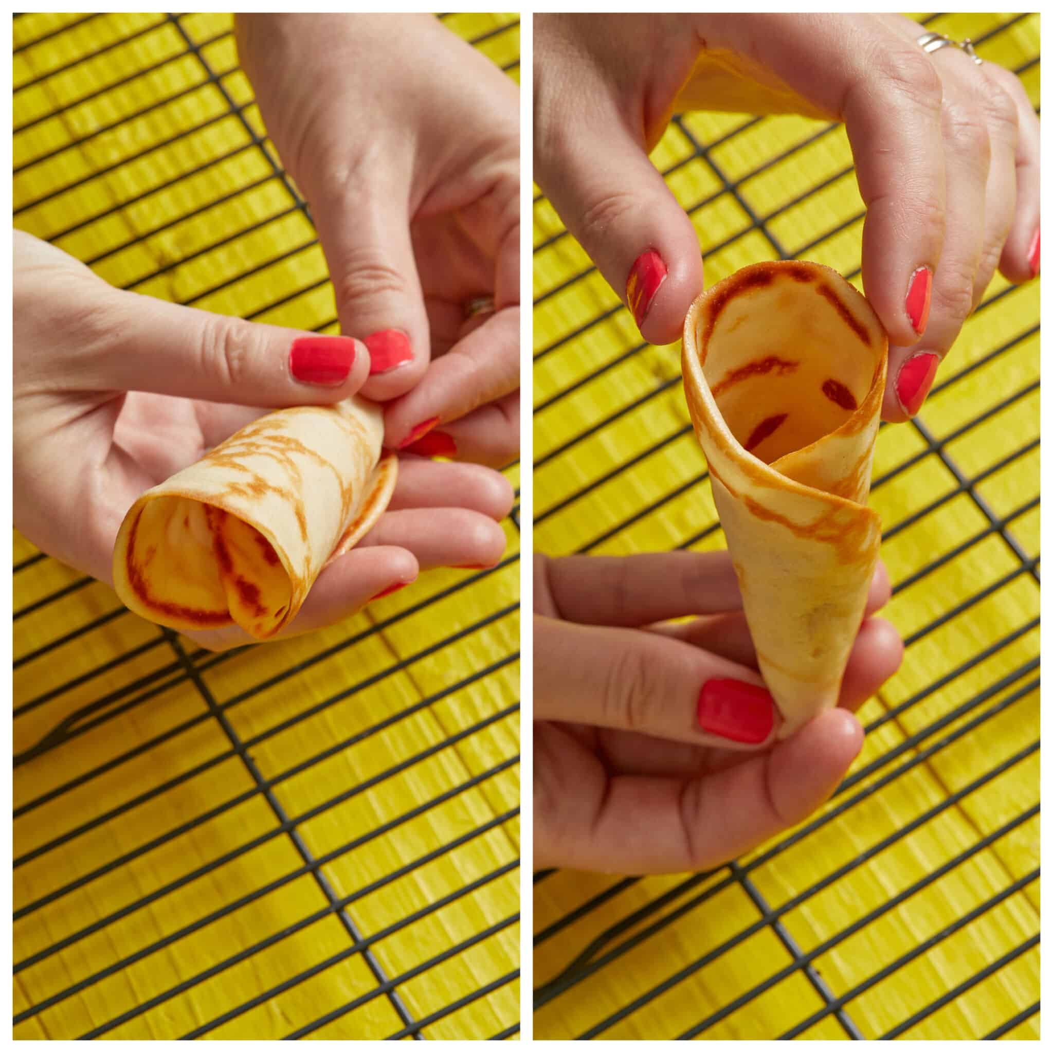 Step-by-step instruction on making ice cream cones. Shaping the cone over a wire cooling rack. Pinch the bottom together first, then roll it into a cone.