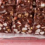 Rocky road fudge with chocolate, marshmallow, and crunchy nuts.
