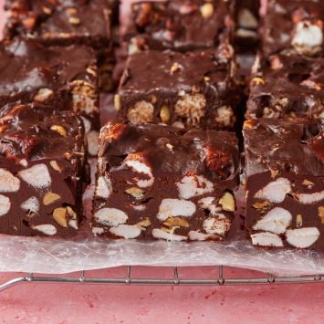 Rocky road fudge with chocolate, marshmallow, and crunchy nuts.