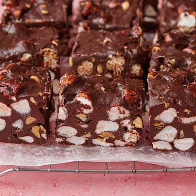 Rocky road fudge with marshmallow and nuts