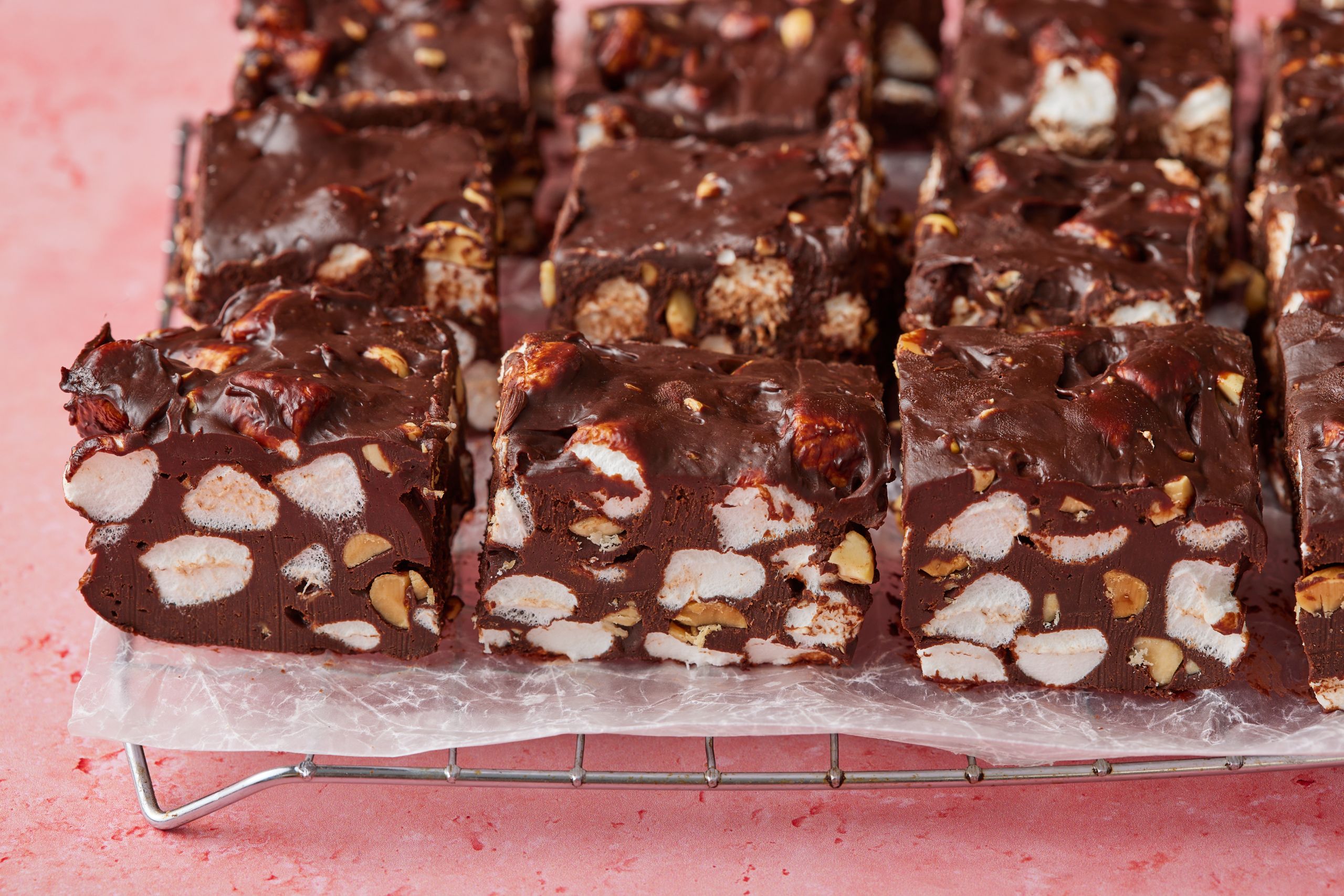 Rocky road fudge with chocolate, marshmallow, and crunchy nuts.