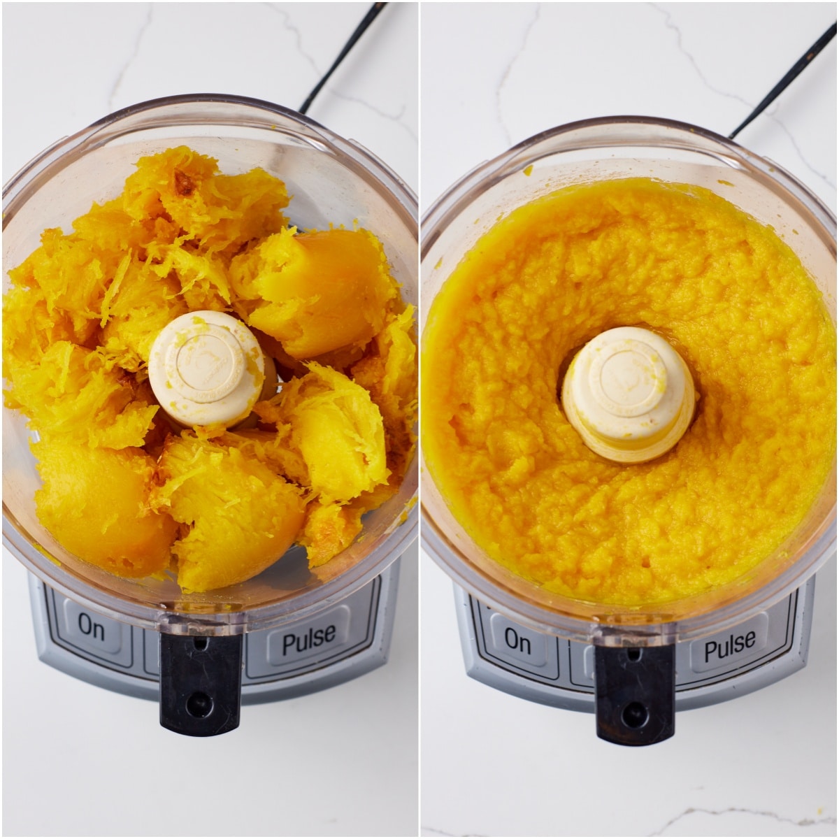 Puree the pumpkin in a food processor until smooth.