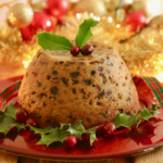 Microwave Christmas Pudding served with holiday decorations.