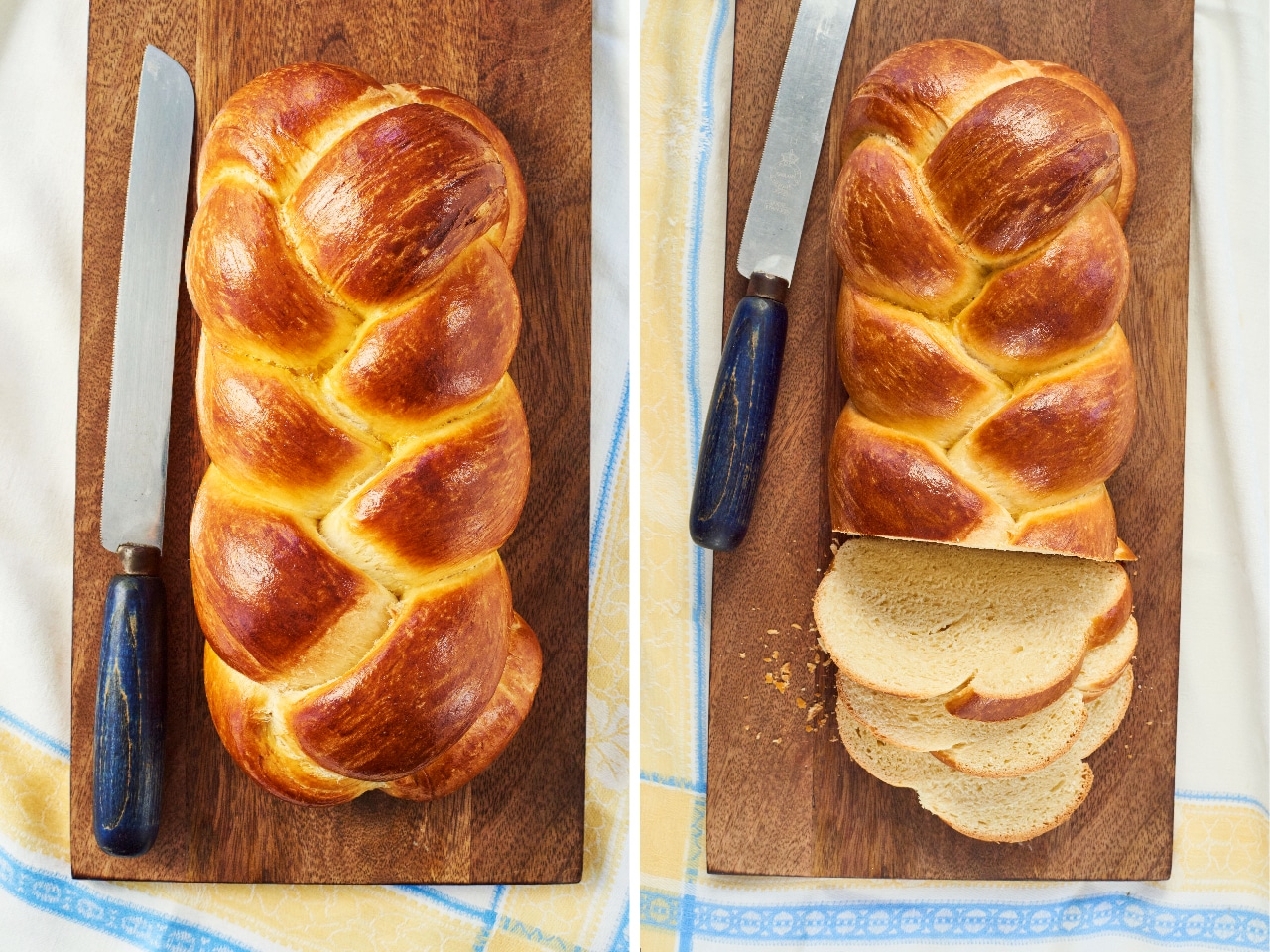 Homemade Challah bread in a side-by-side photo. On the left, the loaf is uncut, on the right, three slices have been made.