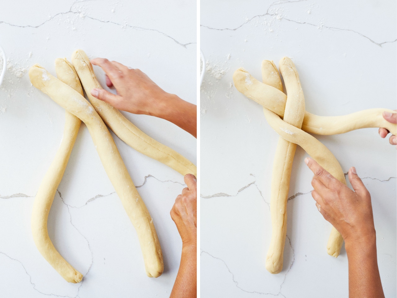 A side-by-side photo shows how to braid Challah bread dough.