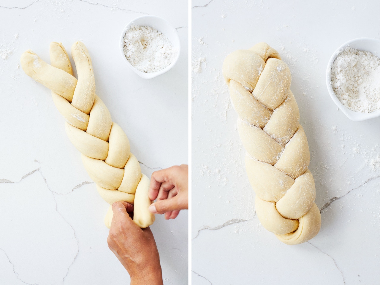 A side-by-side photo shows the ends of Challah bread being pinched together and a finished, uncooked loaf.