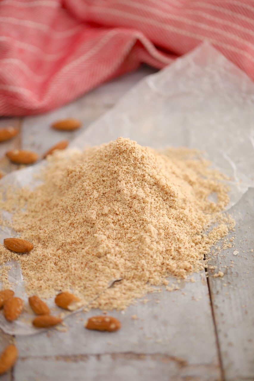 A pile of almond flour, which adds moistness and riches to cakes, cookie and cupcakes. 