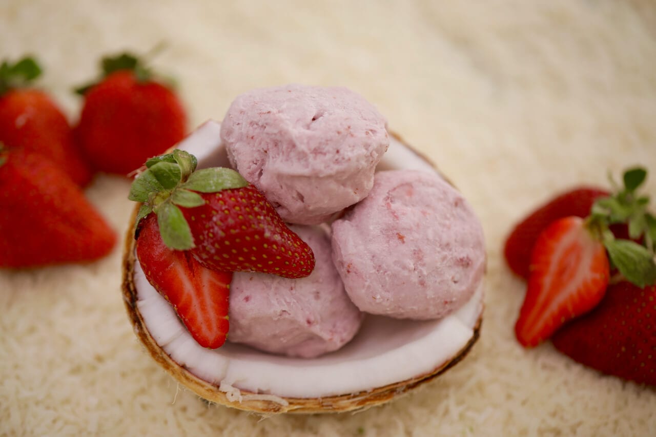 Strawberry and Mint Coconut Ice Cream - This Dairy Free 2 ingredient is out of this world, and you don't even need an ice cream machine to make it.
