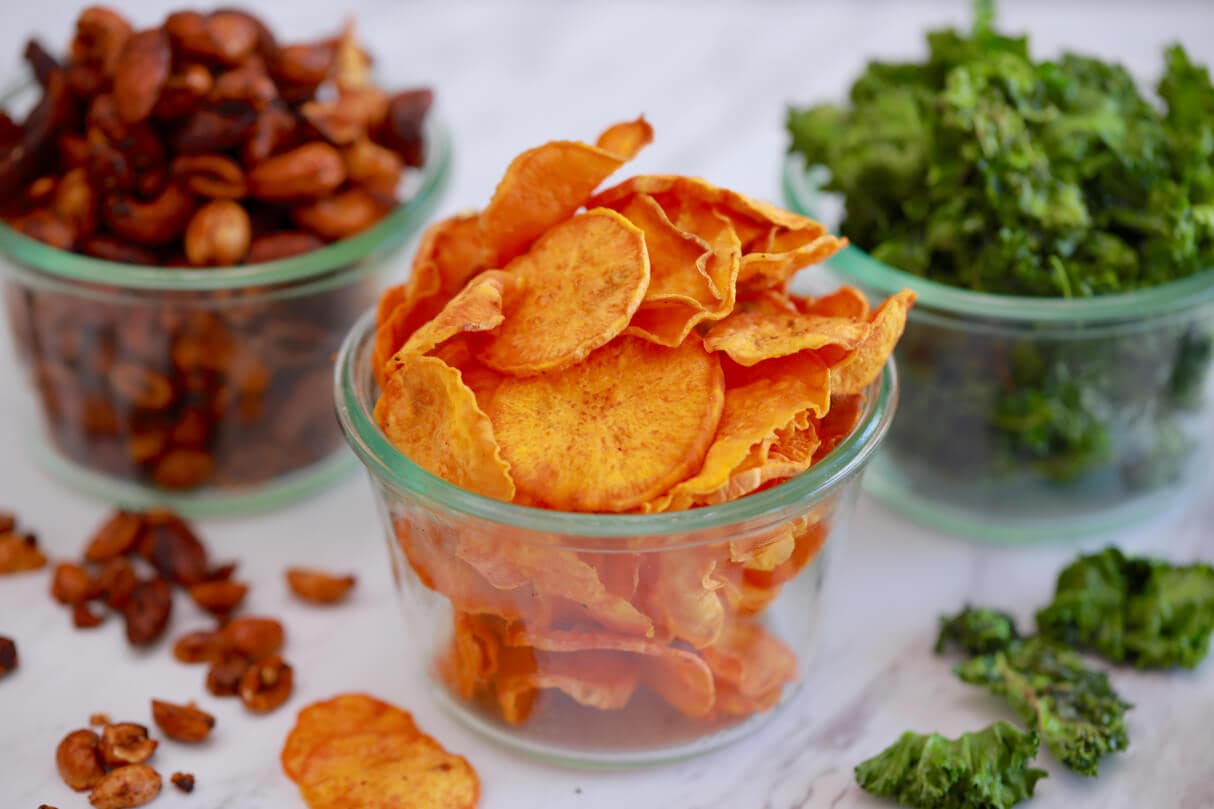 Microwave Snacks - Kale chips, Spic Nuts and Sweet Potato Chips all made in minutes in the microwave!