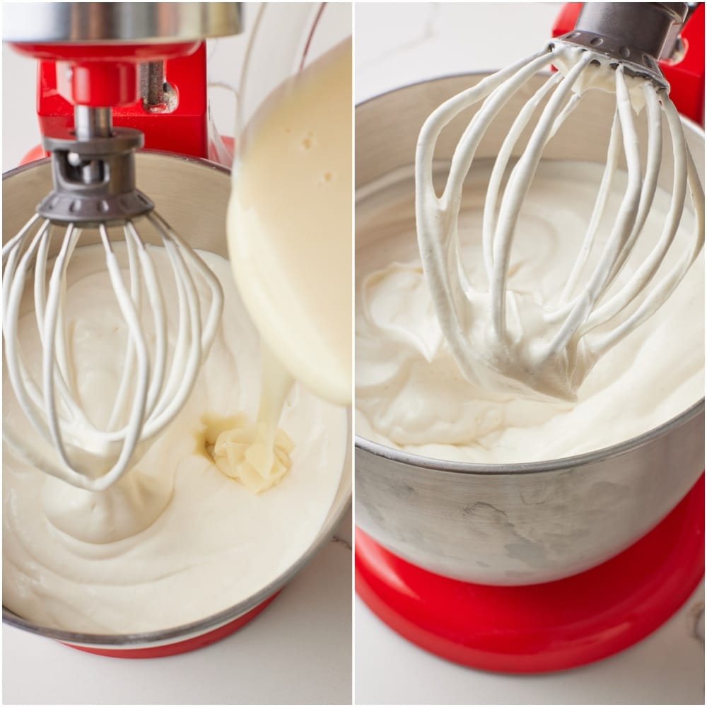 Green Tea Ice Cream step2 Turn the speed to low and pour in the cold condensed milk, then return the speed to medium-high and whip until you have stiff peaks.