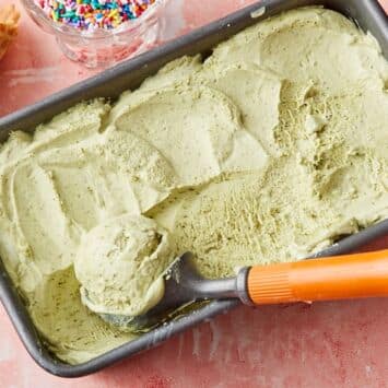 Top-down view of Green Tea Ice Cream served with ice cream cones and sprinkles.