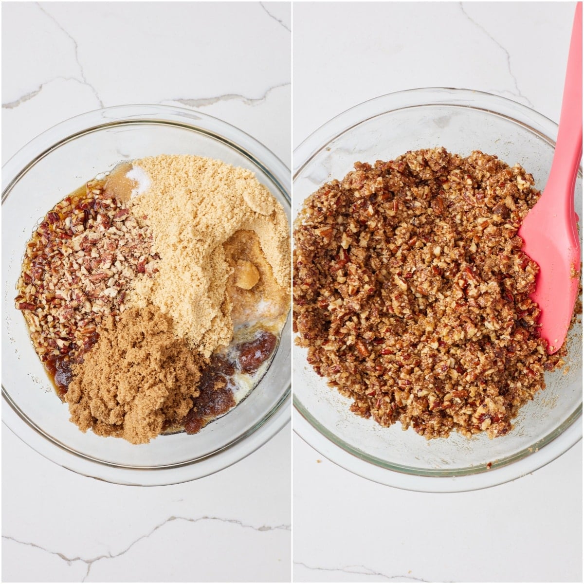 Step-by-step instructions on how to make Pecan Pie Balls: mix the filling. 