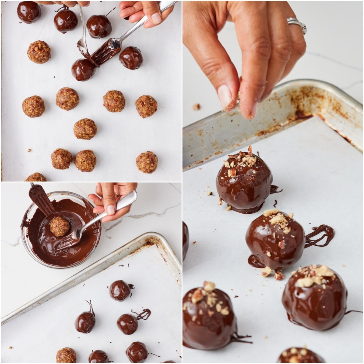 Using a fork, dip each truffle in the melted chocolate and return it to the parchment-lined baking sheet. Sprinkle pecans on top immediately. 