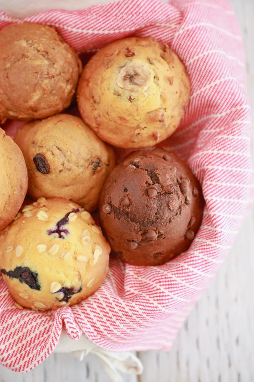 Gemma's Crazy Muffins. A basic muffin recipe is transformed by different add-ins. One batch of muffins can make blueberry and oat, chocolate chip, and banana nut muffins.
