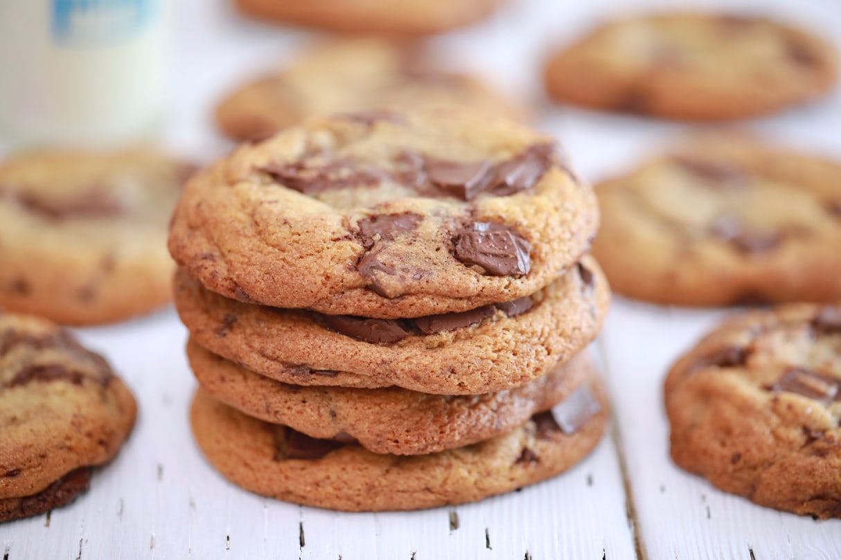 A stack of the best-ever chocolate chip cookies, freshly baked.