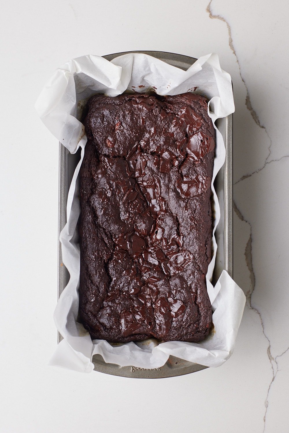 Healthy Chocolate Banana bread baked in a loaf pan. 