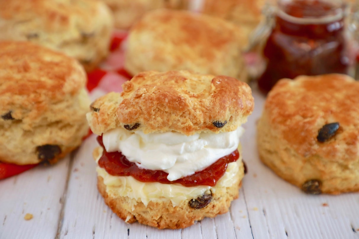 Best Ever Irish Scones, filled with butter, jam, and whipped cream!