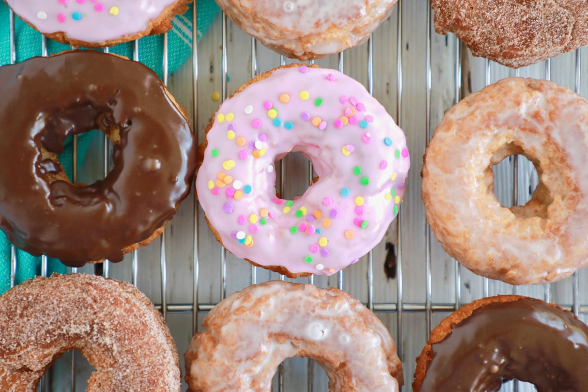 No-yeast donuts glazed with chocolate, funfetti, vanilla, and maple donut glazes