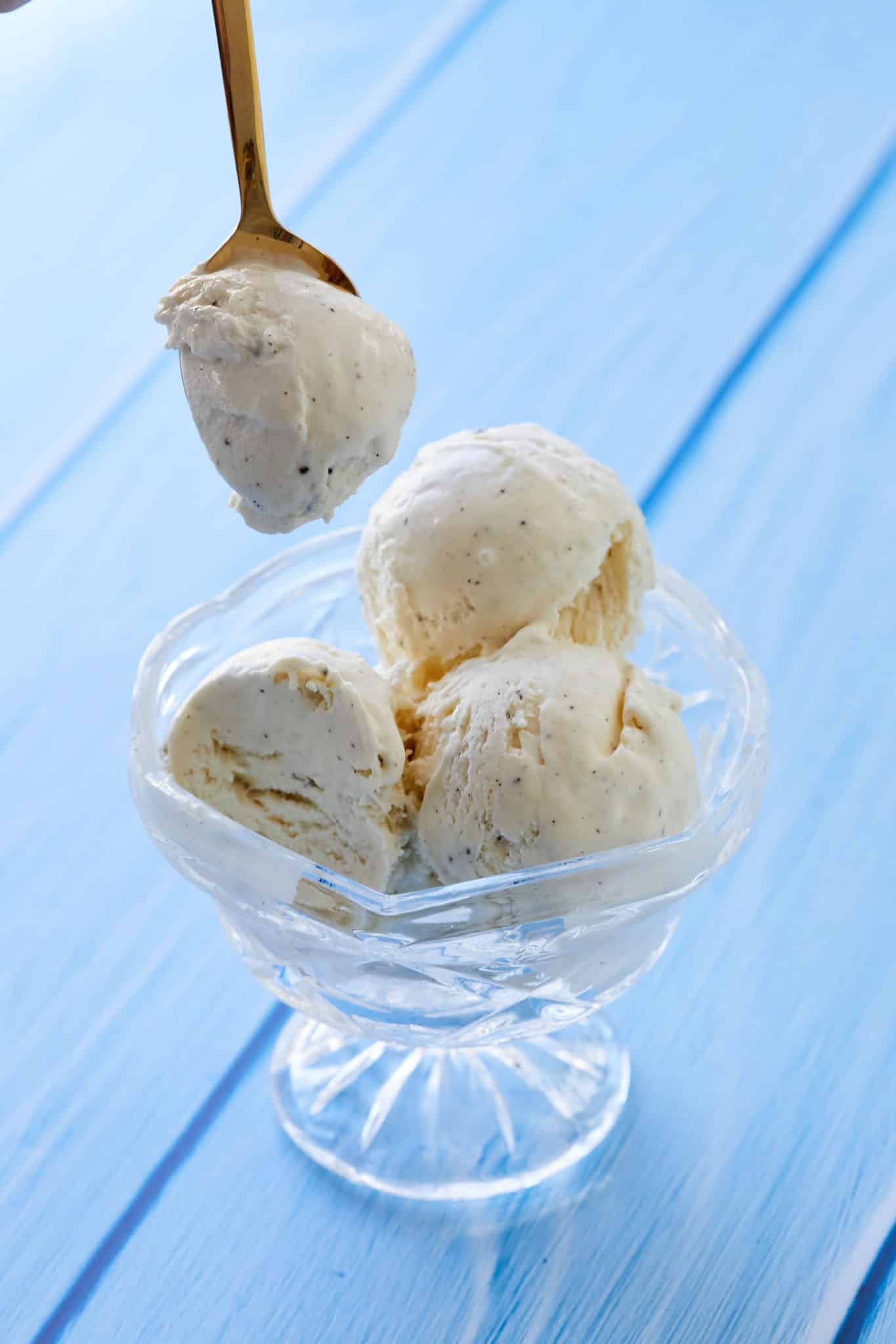 Spoonful of thick, rich vanilla ice cream