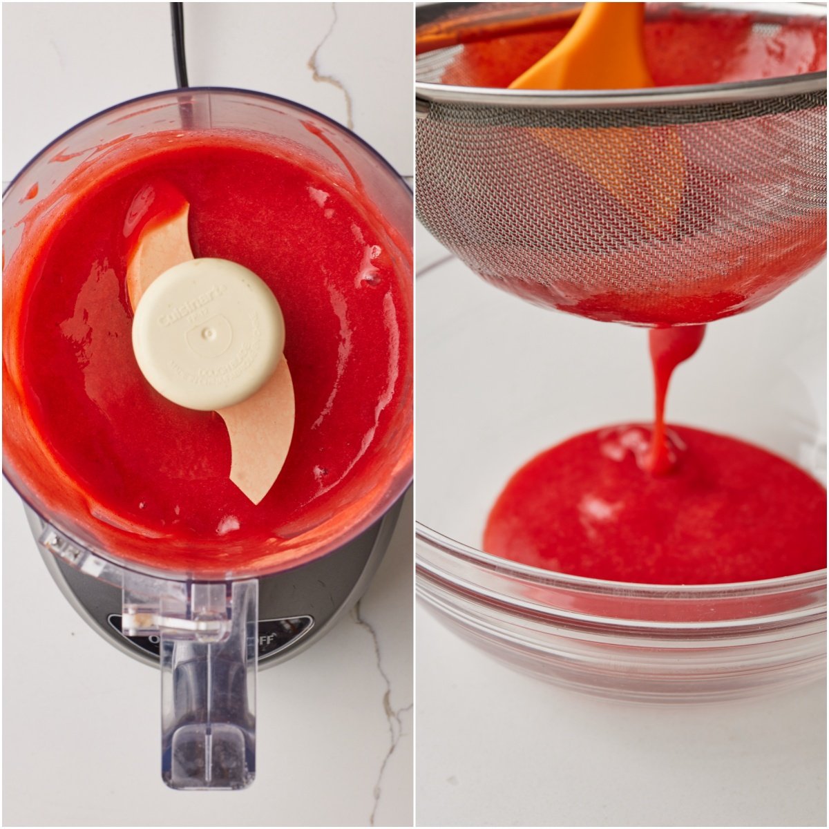 Step-by-step instructions on how to make no-churn strawberry ice cream: Purée the strawberries: In a blender or food processor, finely puree the strawberries, then pass through a sieve to remove the seeds.