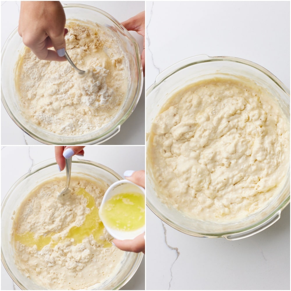 Mix wet ingredients and dry ingredients until just combined. 