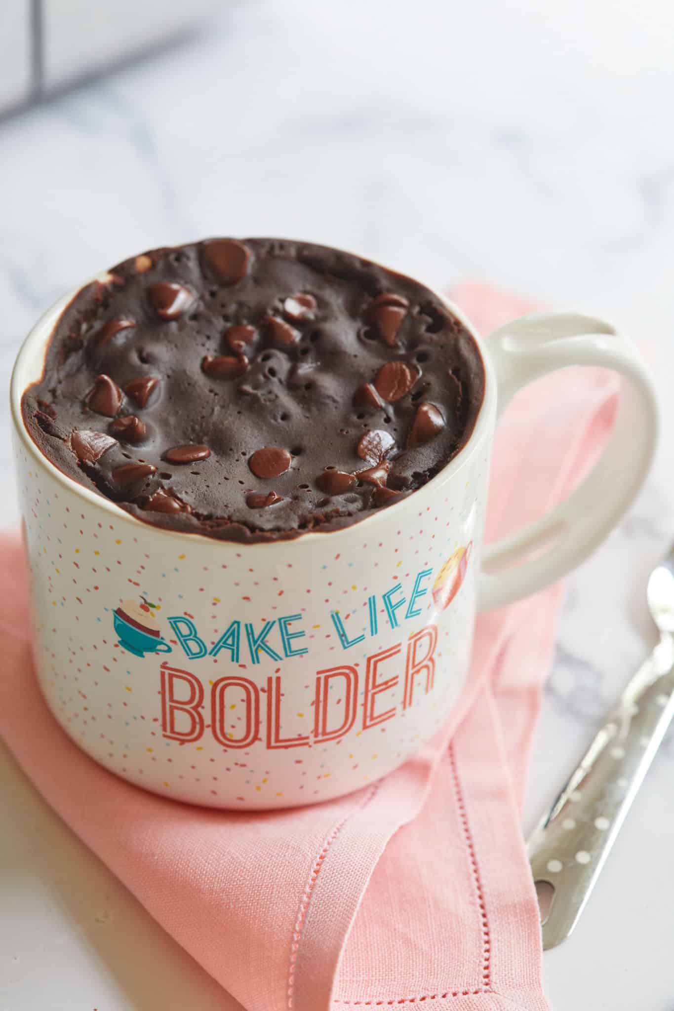 A freshly baked mug brownie.