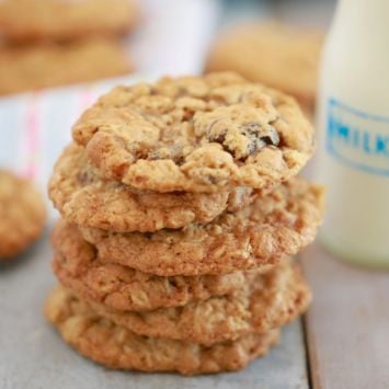 A stack of oatmeal cookies, ready to eat.