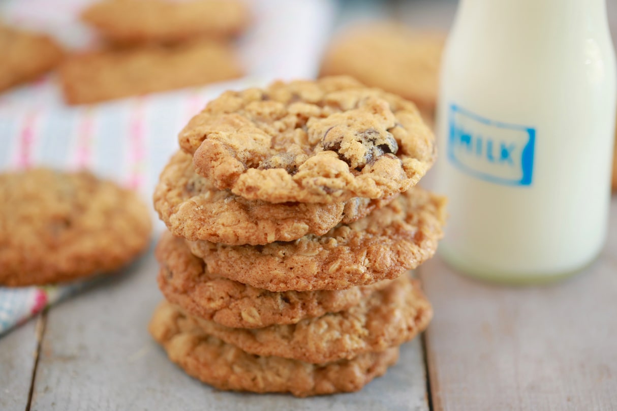 A stack of oatmeal cookies, ready to eat.