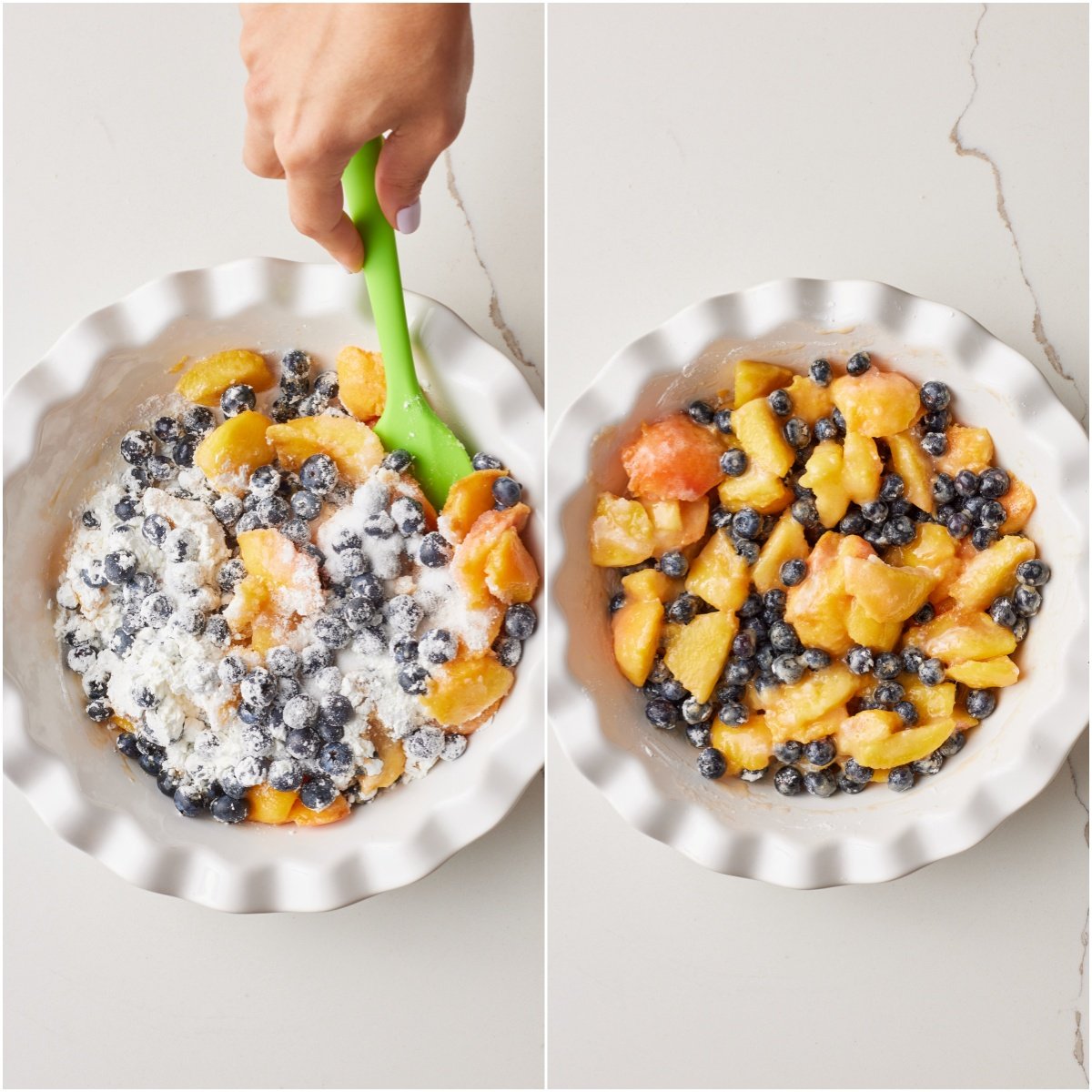 Step-by-step instructions on how to make a peach blueberry crisp: combine fruit filling in a pie dish.